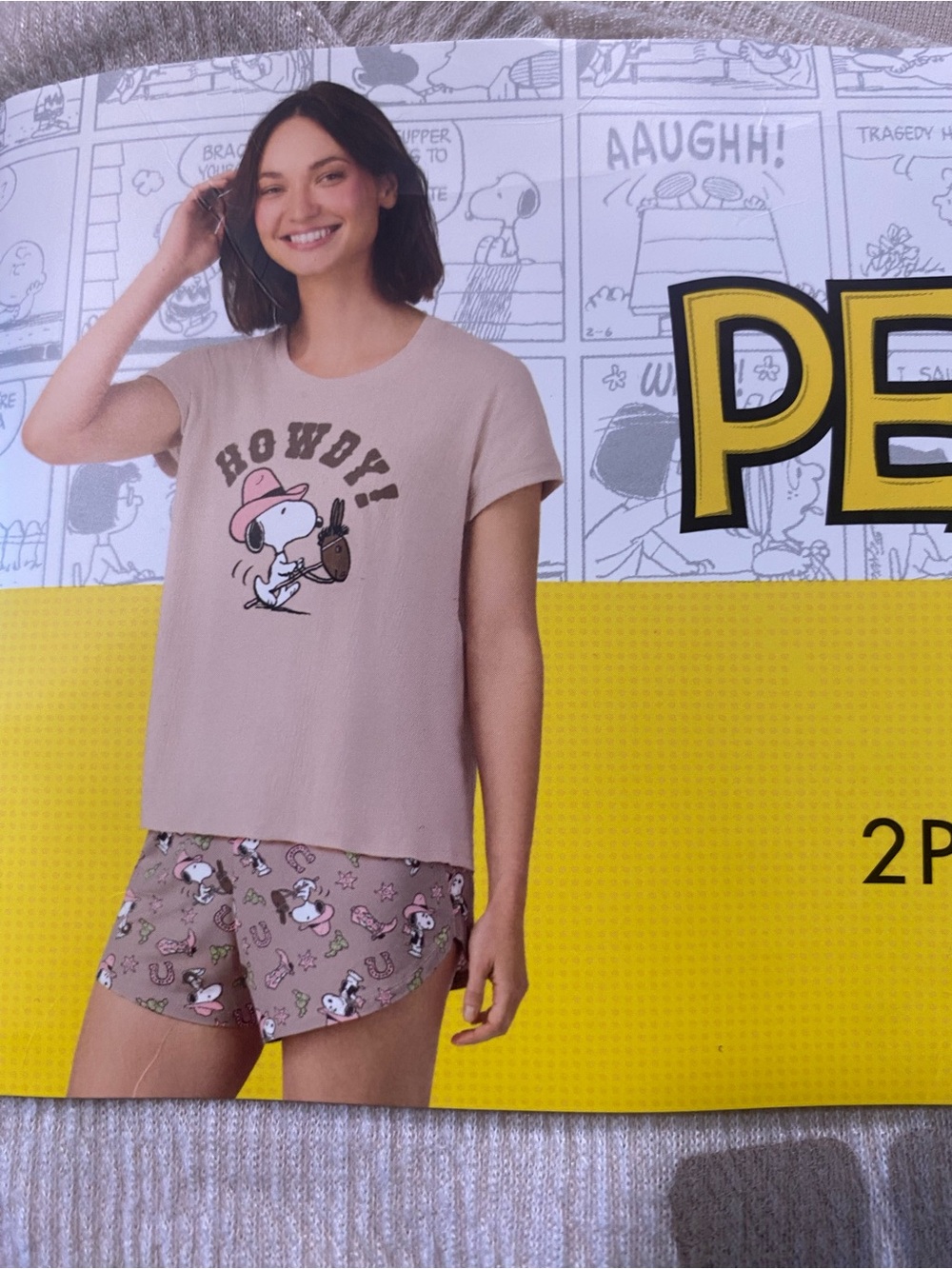 Snoopy Peanuts 'Howdy' Short Sleeve Pajama Set Women Size XL Tan